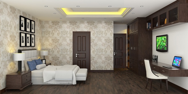 Nhà phố ba tầng tông màu trầm của gỗ, phòng ngủ bố mẹ lấy ánh sáng từ ban công trước căn nhà, trong phòng có nhà tắm khép kín