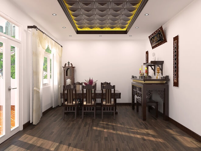 Với tông màu gỗ nâu sậm kết hợp với trắng, phòng thờ trang trọng trong thiết kế nhà phố ba tầng này.