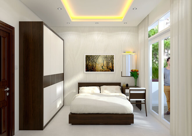 Thiết kế nhà phố với phòng ngủ chính dành cho vợ chồng chủ nhà được trang trí hai màu nâu - trắng với khung cửa mở ra ban công