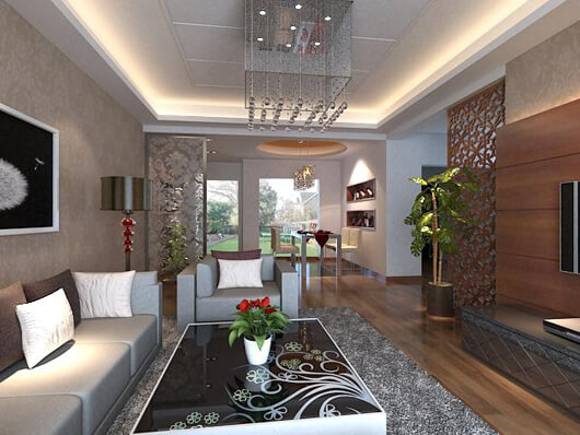Đèn thả với những hạt đá pha lê sẽ là điểm nhấn trong mẫu thiết kế nội thất phòng khách đẹp, sang trọng cho nhà bạn