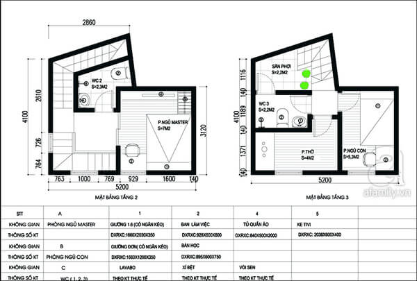 Mặt bằng thiết kế nhà tầng 2 và tầng 3.