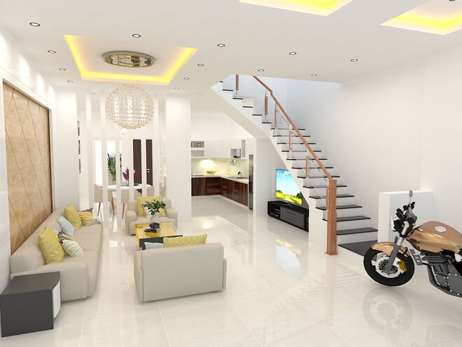 Cầu thang trong mẫu thiết kế nhà ống, được đặt ở sát một bên tường để có chỗ cho phòng khách, đồng thời giúp căn nhà rộng rãi hơn