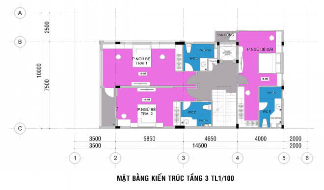 Mặt bằng thiết kế nhà phố bốn tầng.