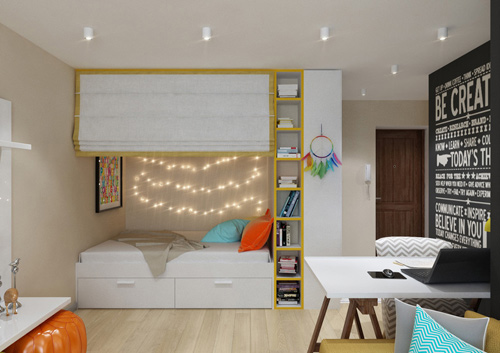 Tông màu trung tính sáng, tấm rèm kéo duyên dáng giúp phòng ngủ tách biệt với không gian bên ngoài, sau sơn sửa nhà chung cư này.