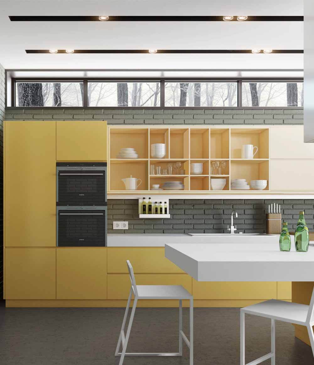 Thiết kế nội thất nhà chung cư, phòng bếp với hệ tủ chữ I đơn giản, gọn gàng, không gian bếp luôn ngập tràn ánh sáng.