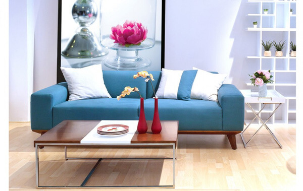 Thiết kế nội thất nhà chung cư, phòng khách xinh xắn với bộ ghế sofa tone màu xanh nhạt hợp với người mệnh mộc.