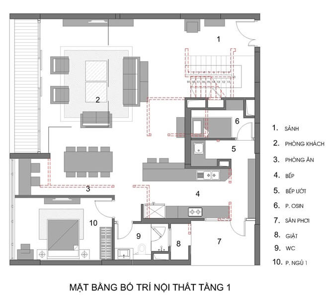 Mặt bằng tầng 1 trong thiết kế nhà chung cư 2 tầng.