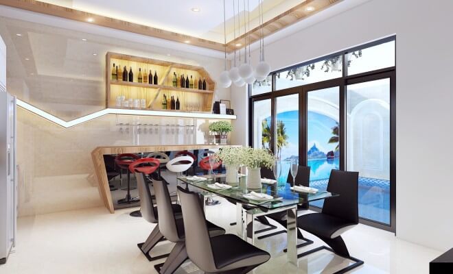 Trong mẫu thiết kế nhà 5 tầng này, phòng ăn và nhà bếp nhìn ra hồ bơi tạo cảm giác thoải thoáng rộng, thư giãn.