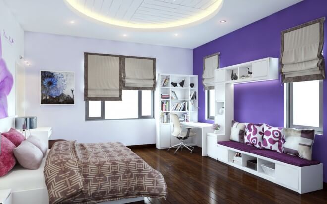 Thiết kế nhà 5 tầng với phòng ngủ con với tông màu trắng - tím nhẹ nhàng, nữ tính.