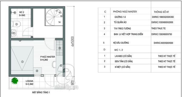 Mặt bằng tầng 1 trong mẫu thiết kế nhà 2 tầng.