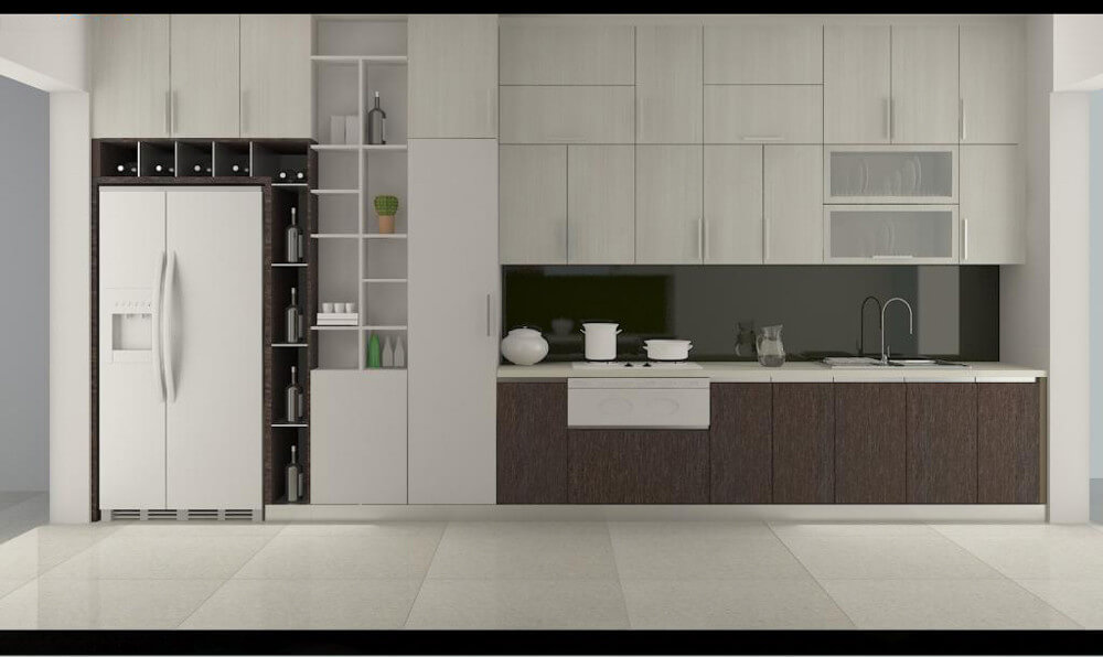 Không gian bếp, hệ tủ bếp sát tường tiết kiệm diện tích, bàn ăn sử dụng màu trắng khiến không gian bừng sáng, trong mẫu thiết kế nội thất nhà 30m2 này. 