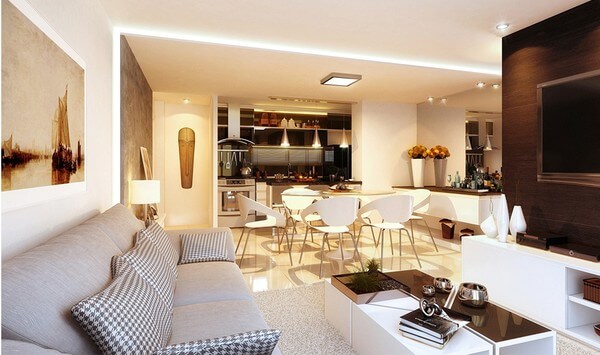 Cải tạo nhà chung cư với không gian mở giữa phòng khách với khu vực bếp và ăn.