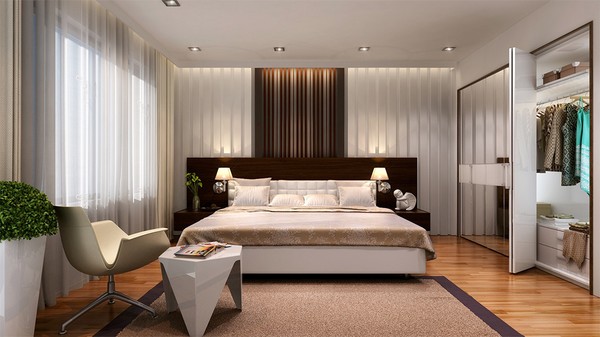 Cải tạo nhà chung cư, với phòng ngủ bố mẹ tràn ngập ánh sáng với đồ nội thất đơn giản, hiện đại.