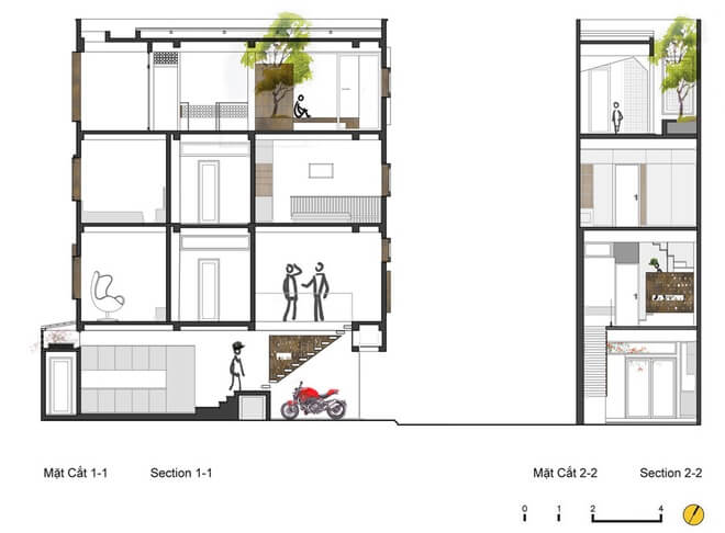 Mặt cắt trong mẫu thiết kế nhà 4 tầng.