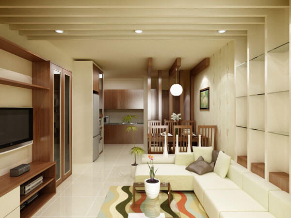 Không gian phòng khách và phòng ăn liên thông, tạo không gian rộng rãi hơn, phong cách hiện đại, trong mẫu thiết kế nhà 2 tầng chỉ 22m2 này.