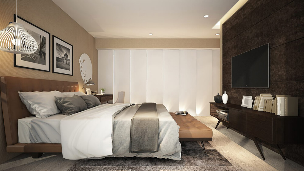 Thiết kế nhà 2 tầng với phòng ngủ master tràn ngập ánh sáng, màu sắc giản dị, nhưng sang trọng.