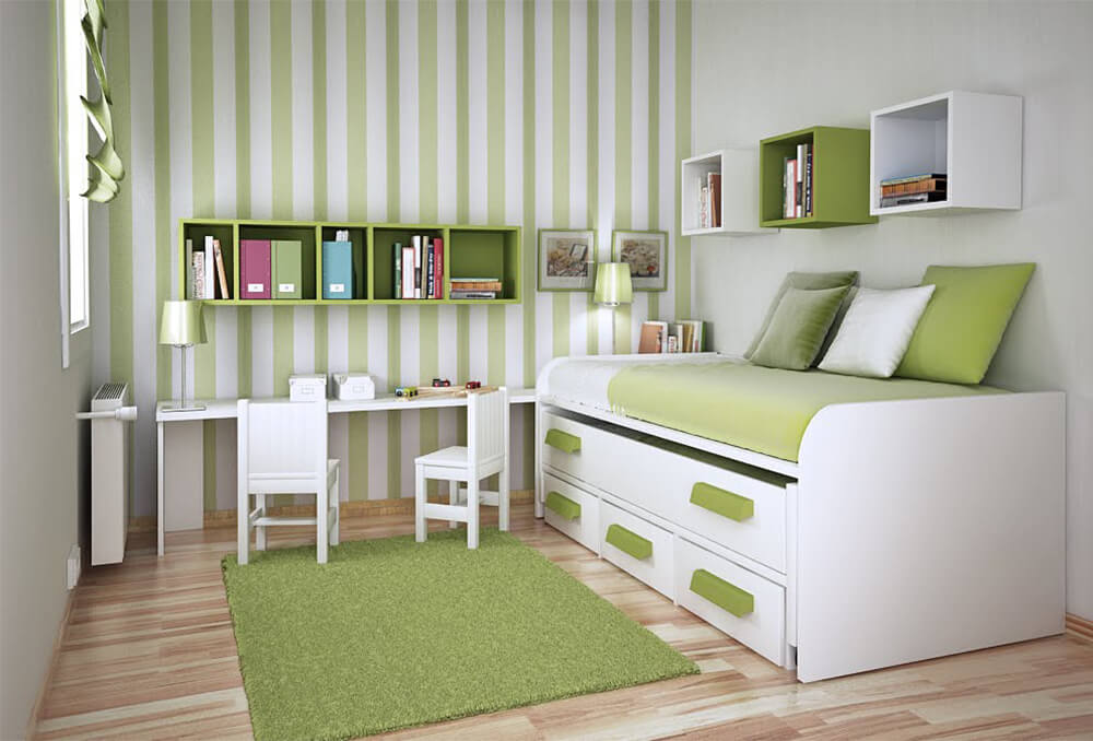 Phòng ngủ con với tone màu trẻ trung kết hợp nội hiện đại, trong thiết kế nhà 2 tầng này.