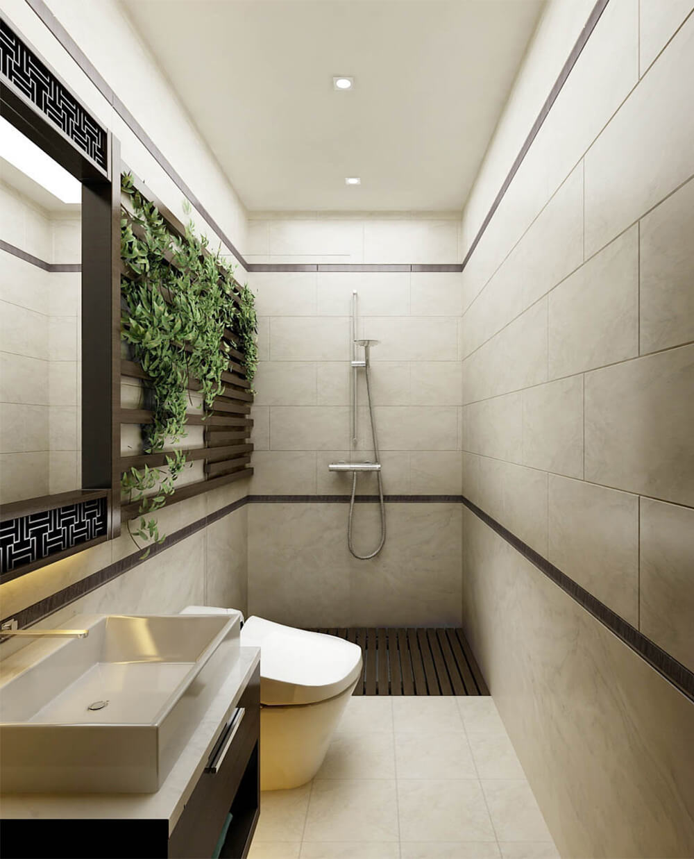 Phòng tắm trong mẫu thiết kế nhà 2 tầng, được thiết kế hiện đại, với tông màu trung tính. 