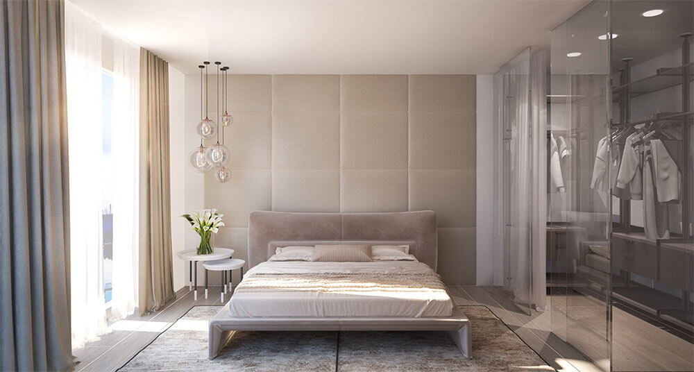 Phòng ngủ master sang trọng gam màu be tinh tế, trong mẫu thiết kế nội thất nhà cấp 4.
