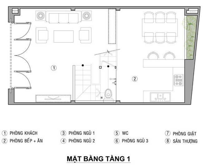 Thiết kế nhà 21 m2 có ba phòng ngủ sáng thoáng với bản thiết kế mặt bằng tầng 1