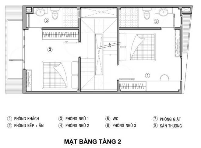 Thiết kế nhà 21 m2 có ba phòng ngủ sáng thoáng với mặt bằng tầng 2