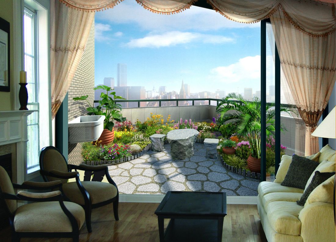Giấy dán tường 3D mở rộng không gian phòng khách với ban công đầy màu sắc.