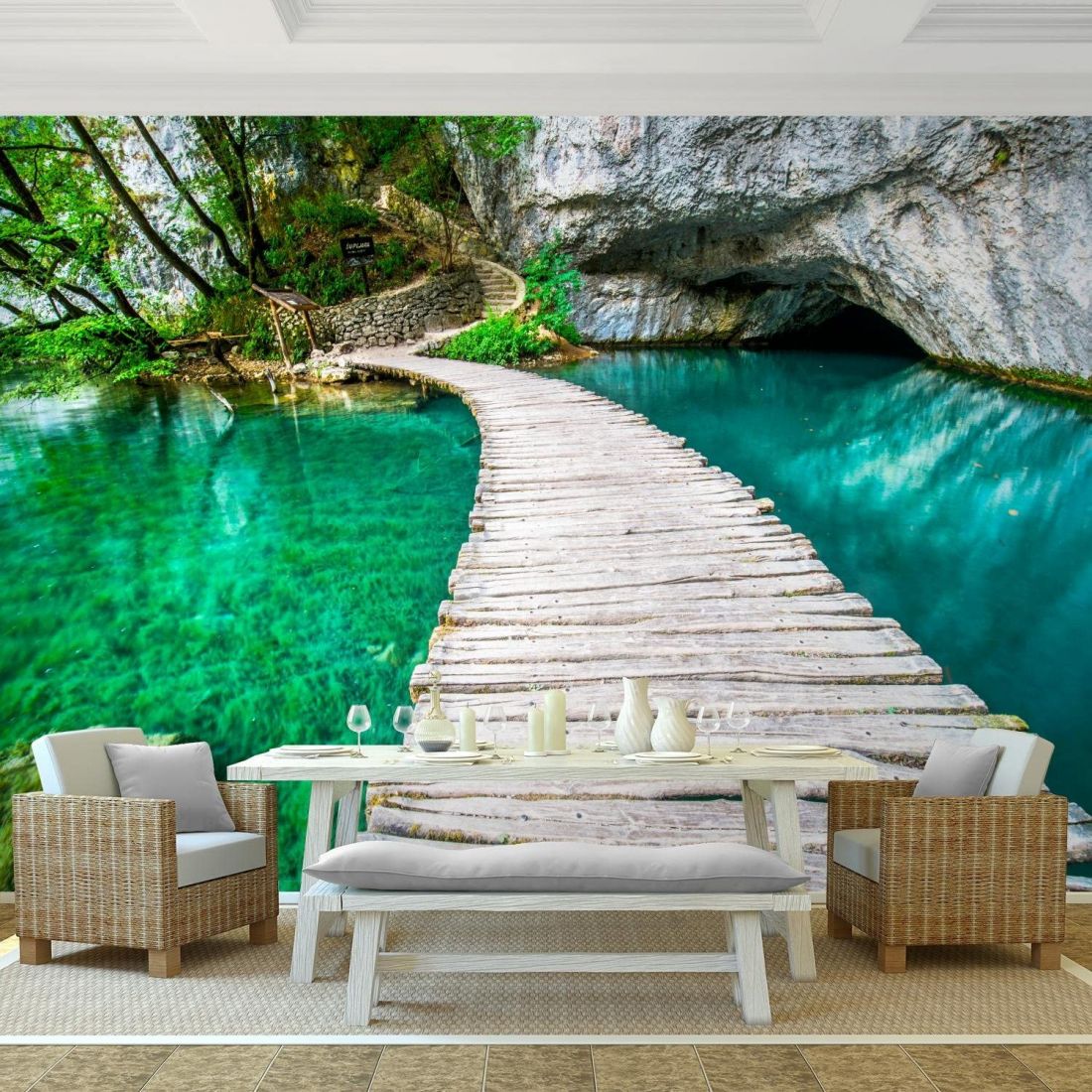 Cảm giác thư giãn khi được du lịch tại nhà với giấu dán tường tranh 3D sông nước.