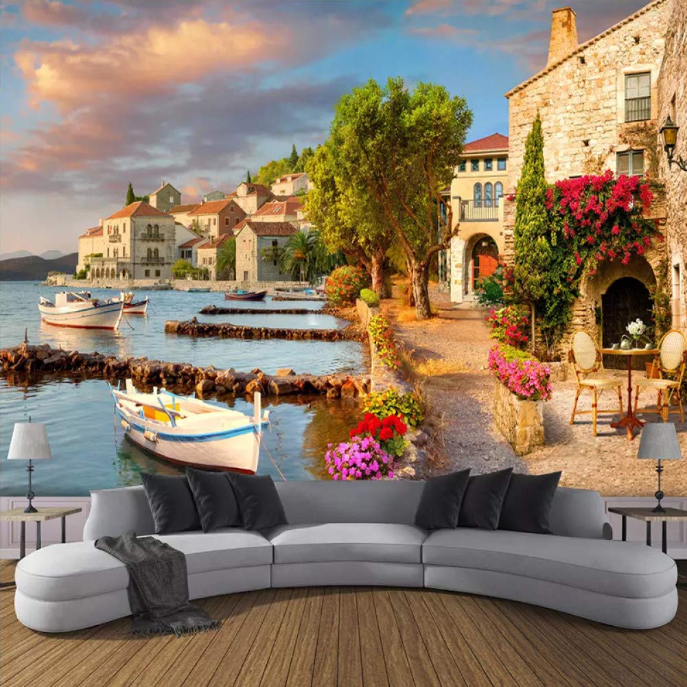 Phòng khác hiện đại với giấy dán tường tranh 3D phong cảnh biển Santorino.