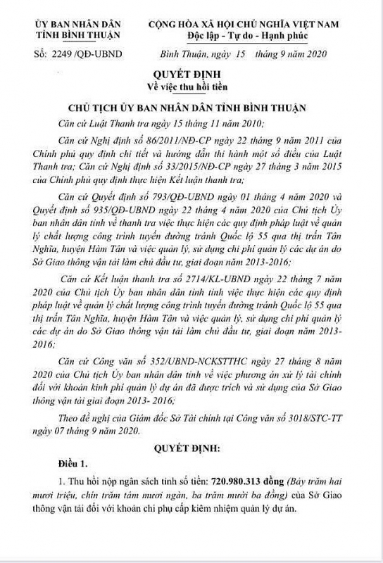 Bình Thuận: Yêu cầu Sở Giao thông Vận tải thu hồi khoản 15% chi phí quản lý dự án giai đoạn 2013-2016 - Ảnh 1. Bình Thuận: Yêu cầu Sở Giao thông Vận tải thu hồi khoản 15% chi phí quản lý dự án giai đoạn 2013-2016 - Ảnh 1.