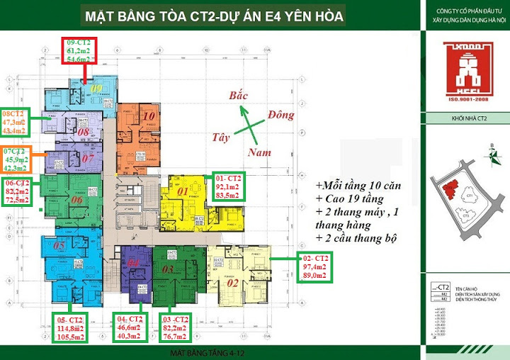 Mặt bằng tầng 4-12 tòa CT2 chung cư E4 Yên Hoà