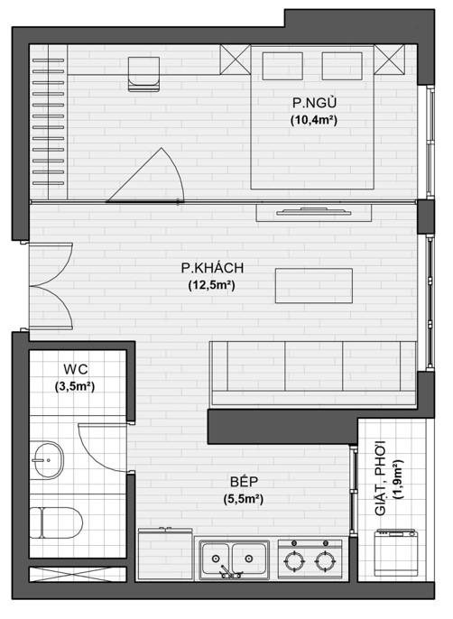 thiết kế chi tiết căn hộ 1 ngủ