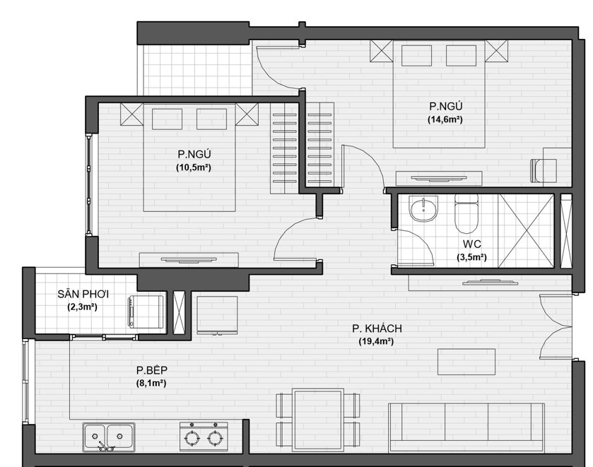thiết kế chi tiết căn hộ 2 ngủ