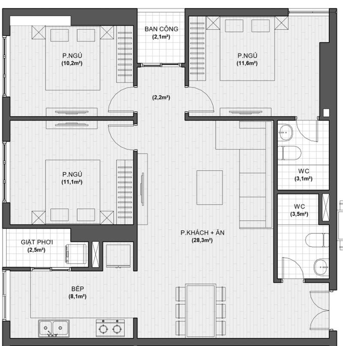thiết kế chi tiết căn hộ 3 ngủ