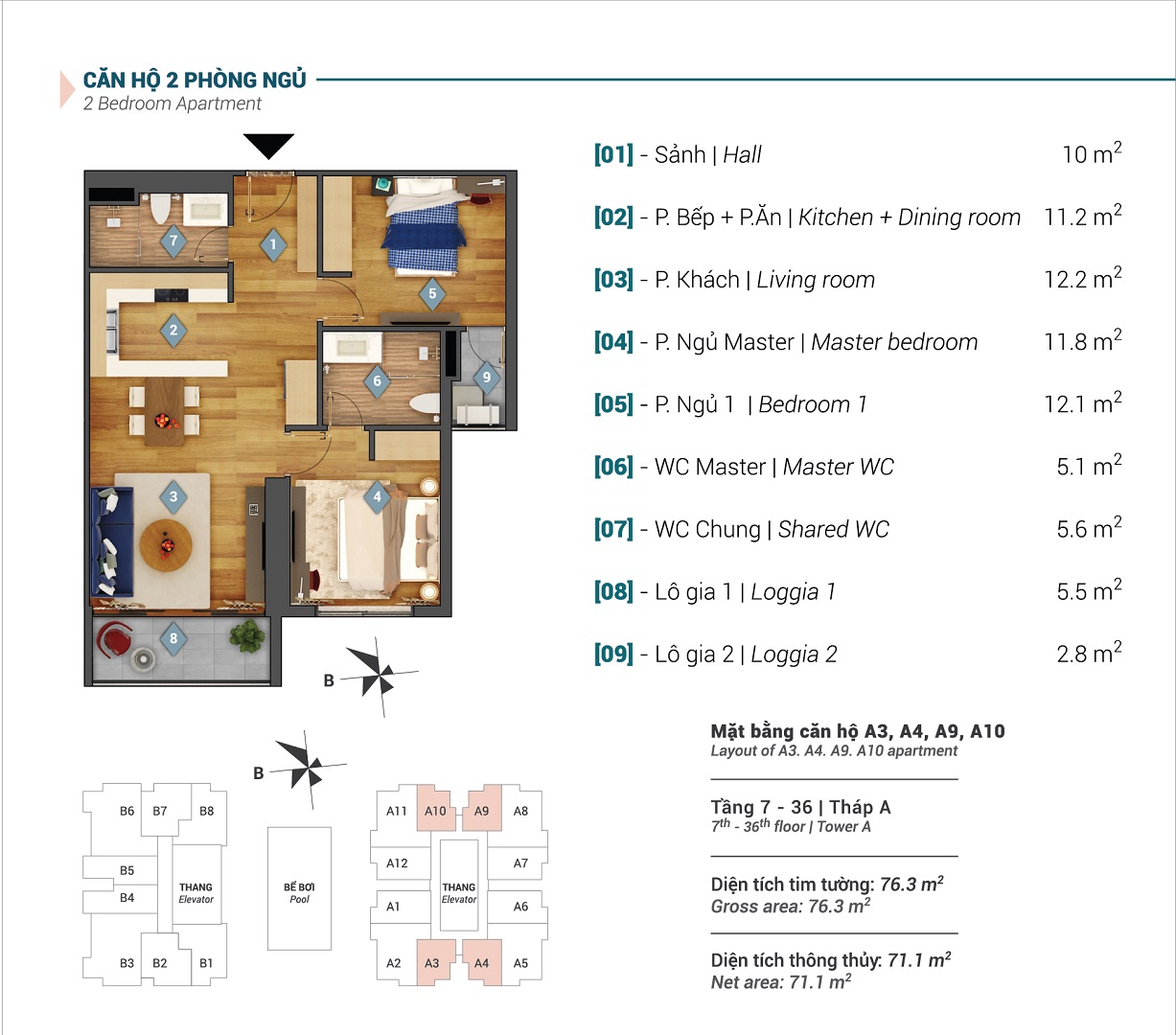 Mặt bằng căn hộ A3, A4, A9, A10 tòa A Sky Park Residence