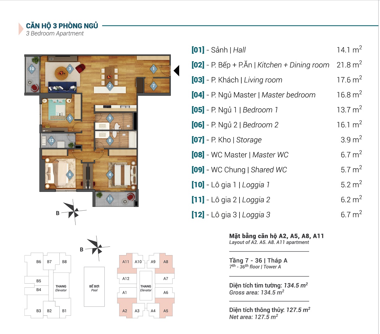 Mặt bằng căn hộ A2, A5, A8, A11 tòa A Sky Park Residence