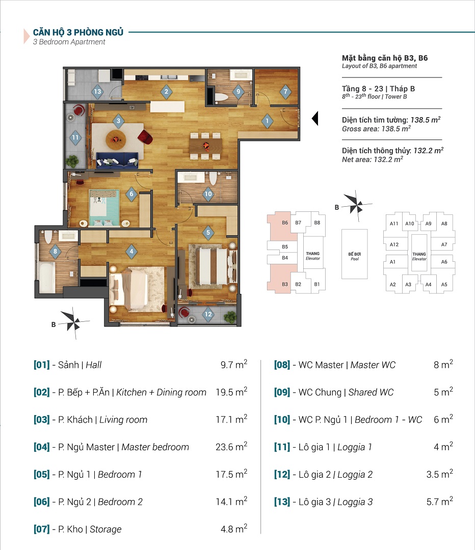 Mặt bằng căn hộ B3, B6 tòa B chung cư Sky Park Residence