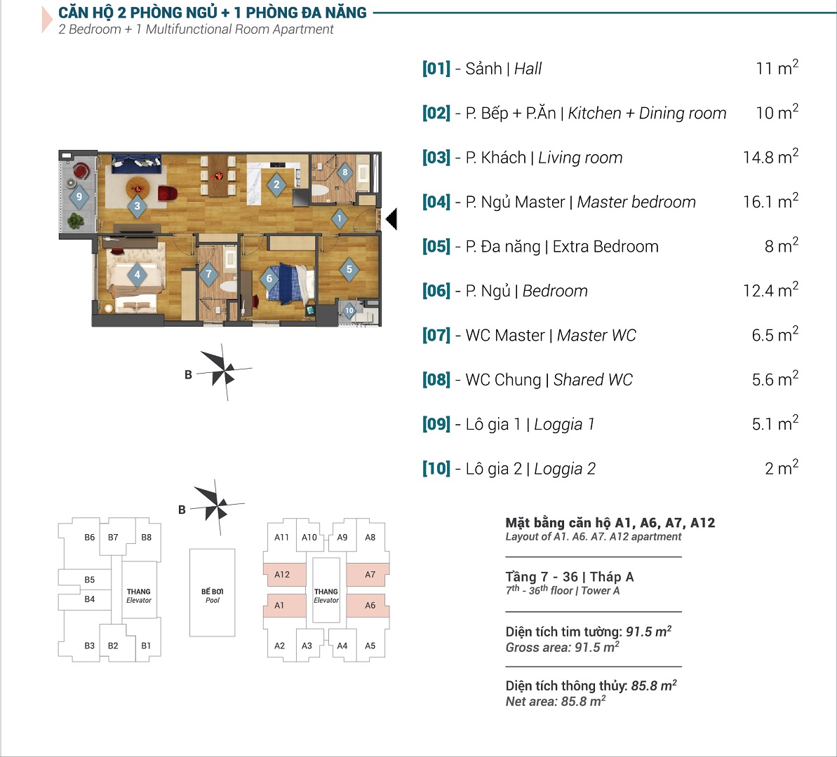 Mặt bằng căn hộ A1, A6, A7, A12 tòa A Sky Park Residence