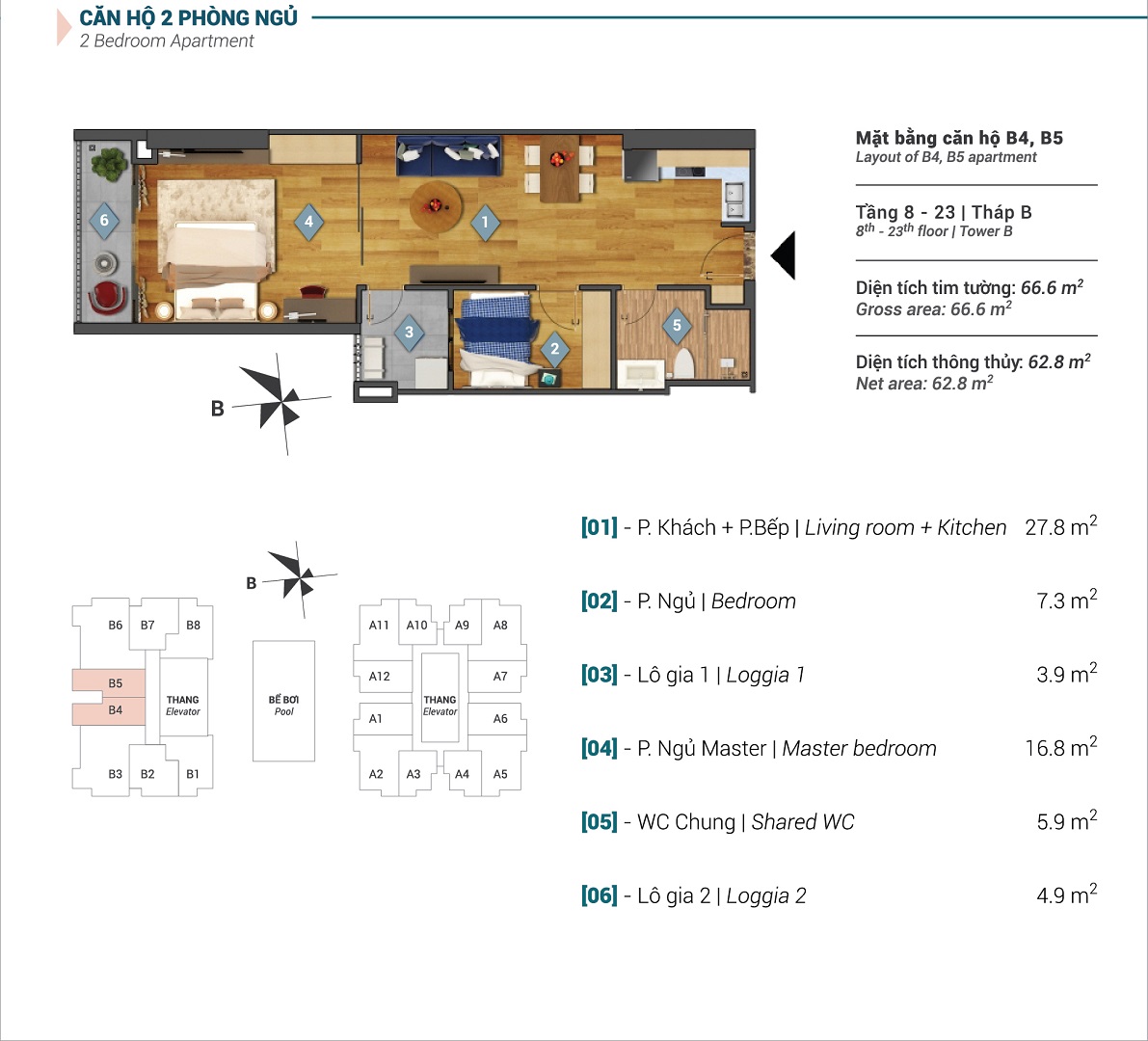 Mặt bằng căn hộ B4, B5 tòa B chung cư Sky Park Residence