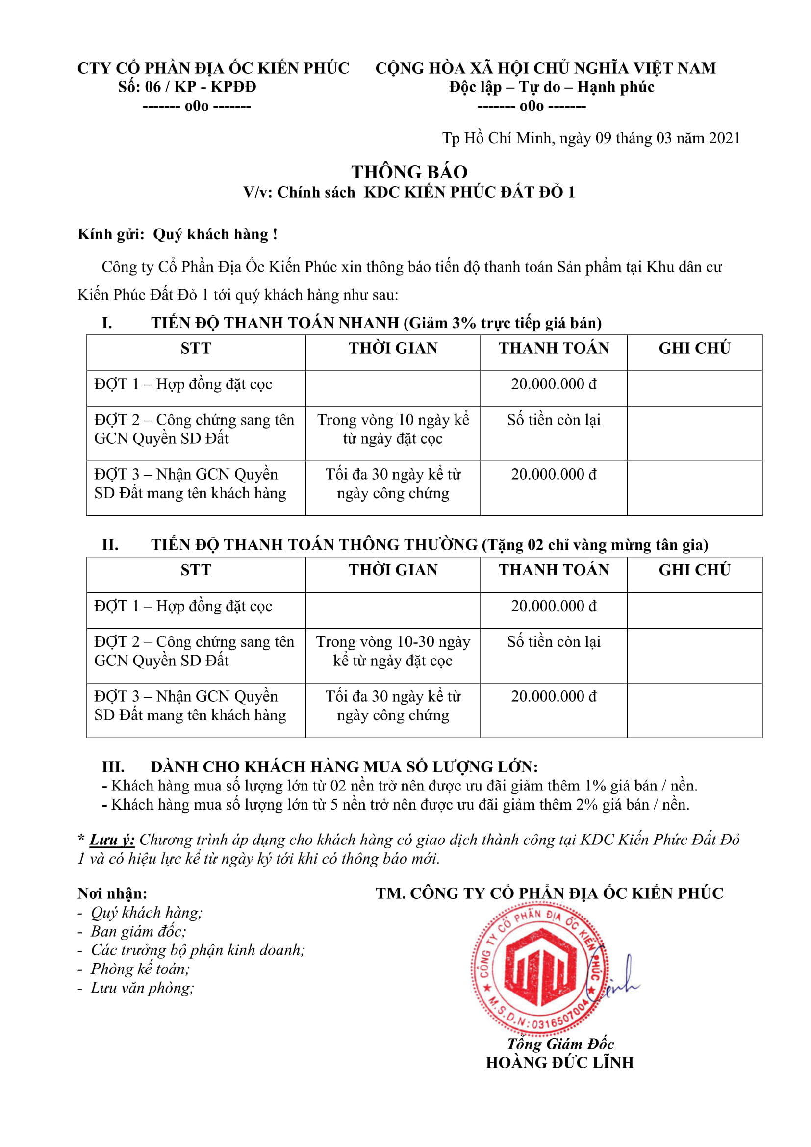 Tiến độ thanh toán dự án đất nền Hoàng Kim Central - Kiến Phúc Đất Đỏ 1