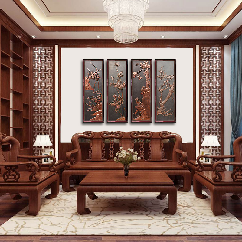 Bộ tranh tứ quý bằng gỗ treo tường phòng khách.