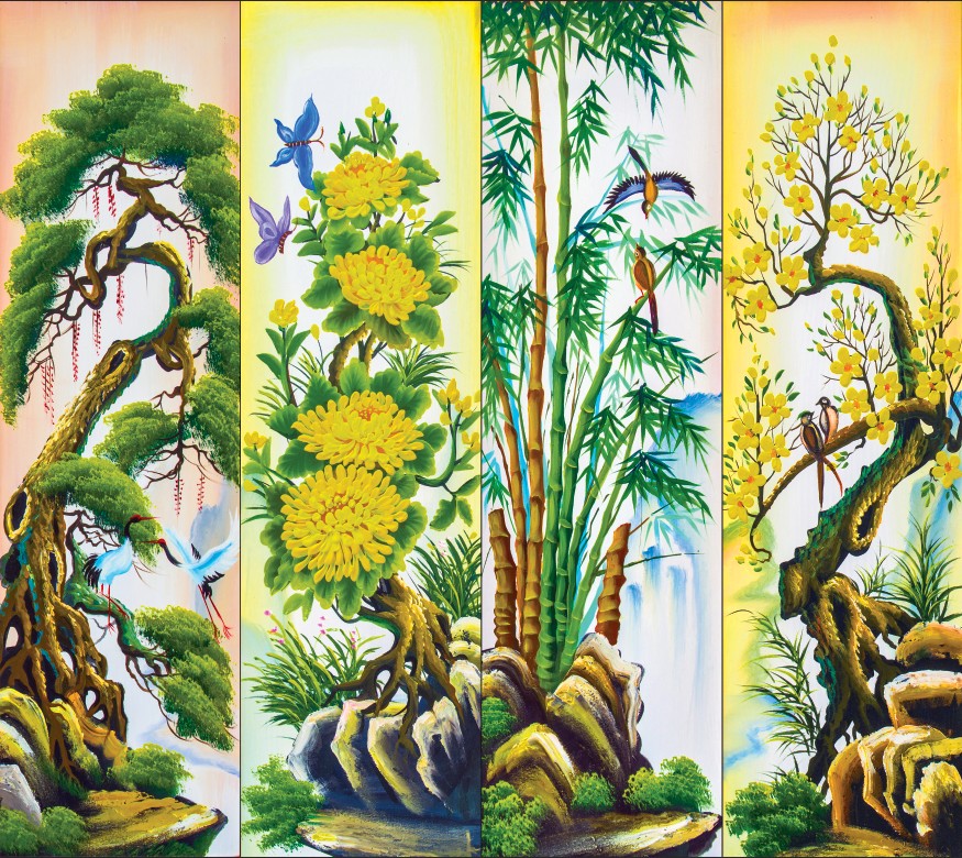 Bộ tranh vẽ tứ quý Tùng Cúc Trúc Mai