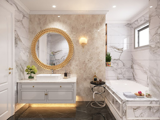 Nhà vệ sinh sử dụng tông màu sáng với nền đen sẽ mang lại cảm giác sạch sẽ và thông thoáng