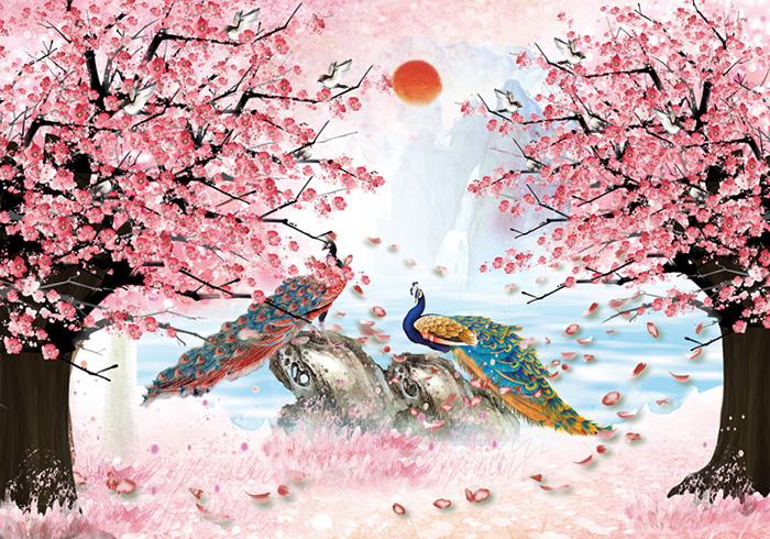 Tranh hoa đào đôi phượng hoàng sơn dầu