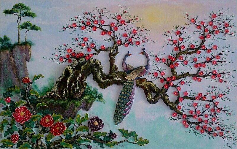 Tranh hoa đào đôi phượng hoàng phù điêu