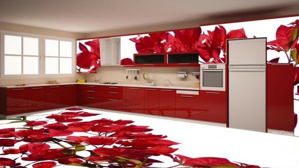Mẫu gạch 3D phòng bếp với hoa giấy đỏ tươi