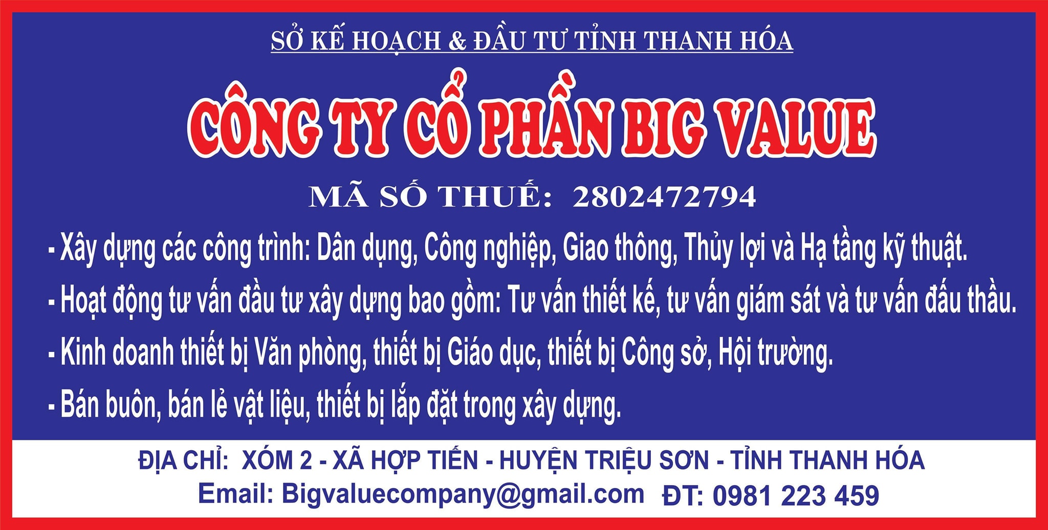  				CÔNG TY CỔ PHẦN BIG VALUE				